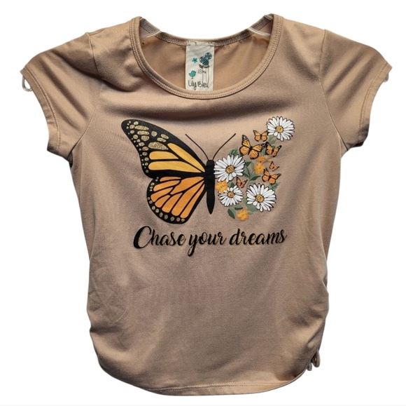 Lily Bleu Tan Kids Butterfly Graphic Cap Sleeve Tee with Ruched Sides - Size 7/8 - Picture 1 of 5